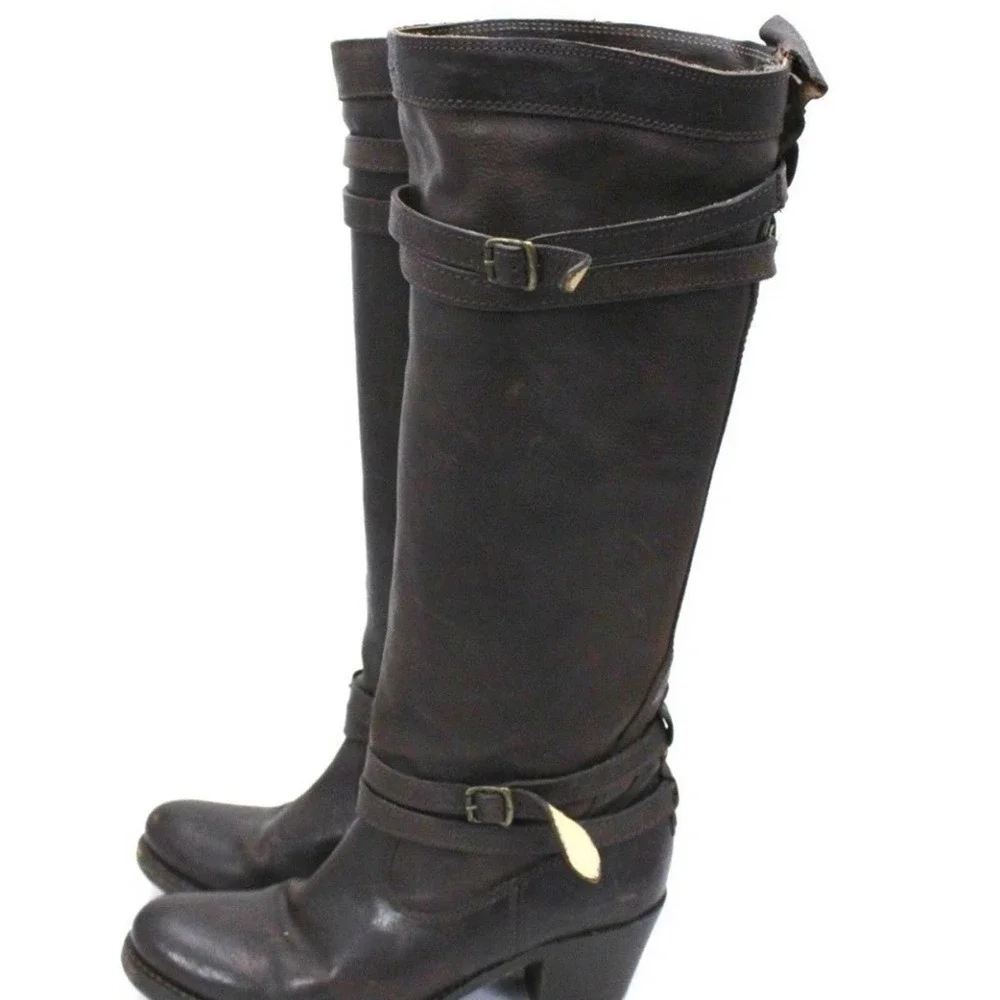 Frye Boots Jane Strappy Knee Tall 7B Browwn Oiled